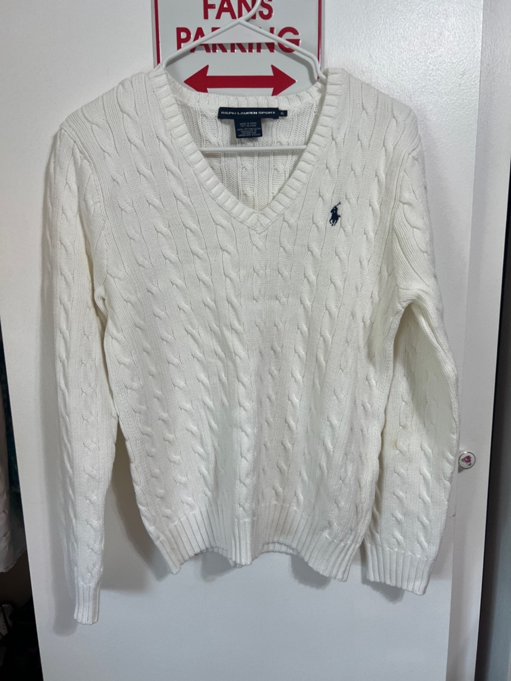 Polo by Ralph Lauren Cream Cable-Knit V-Neck Sweater with Navy Pony